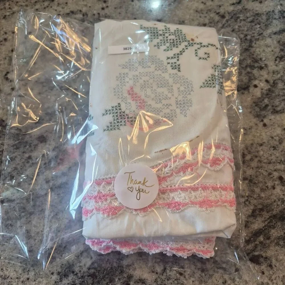 Pillowcases (2), White Cotton, Vintage Pink Variegated Crochet Cross Stitch Star